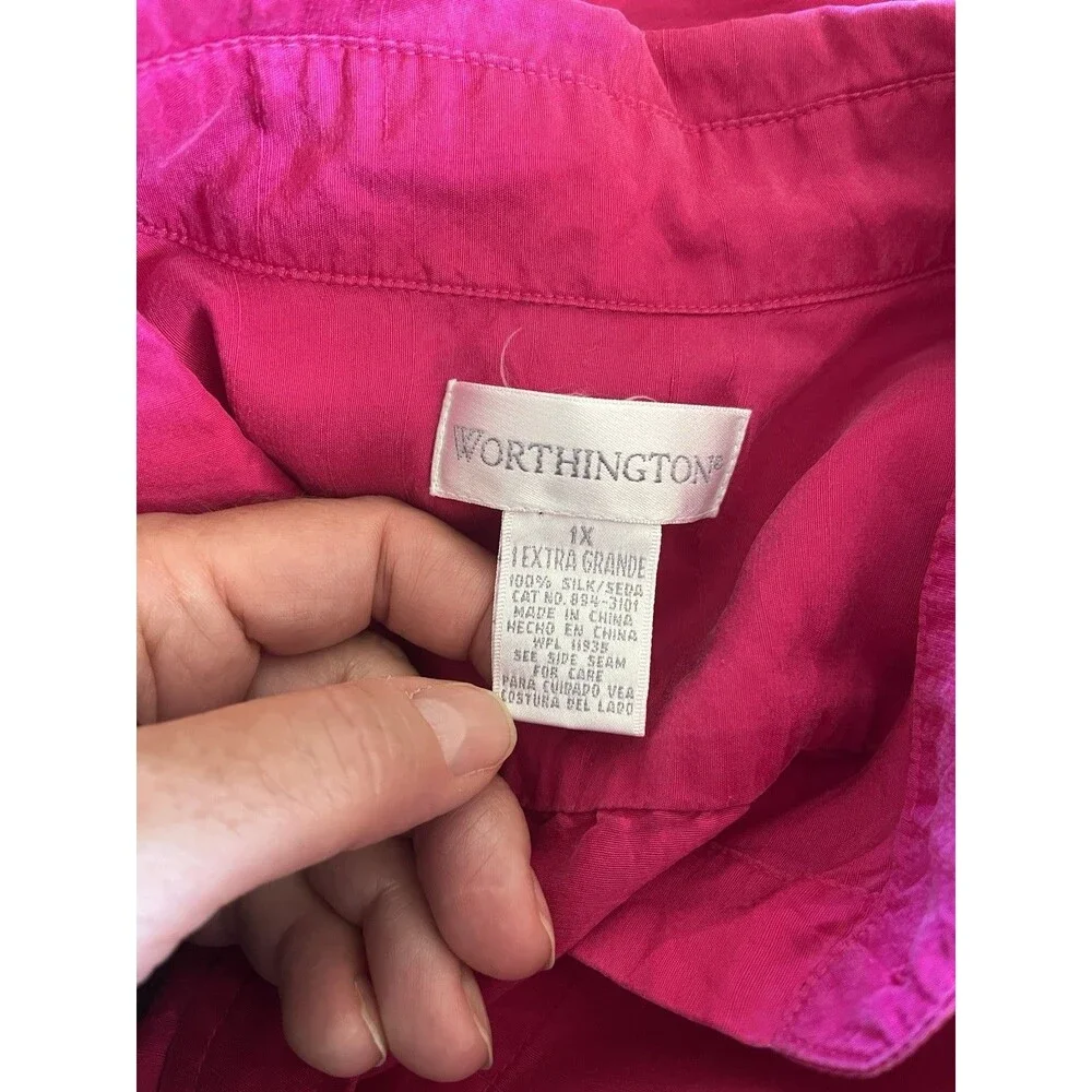Worthington Womens Hot Pink Button Down Silk Top Size 1X Office Career Colorful